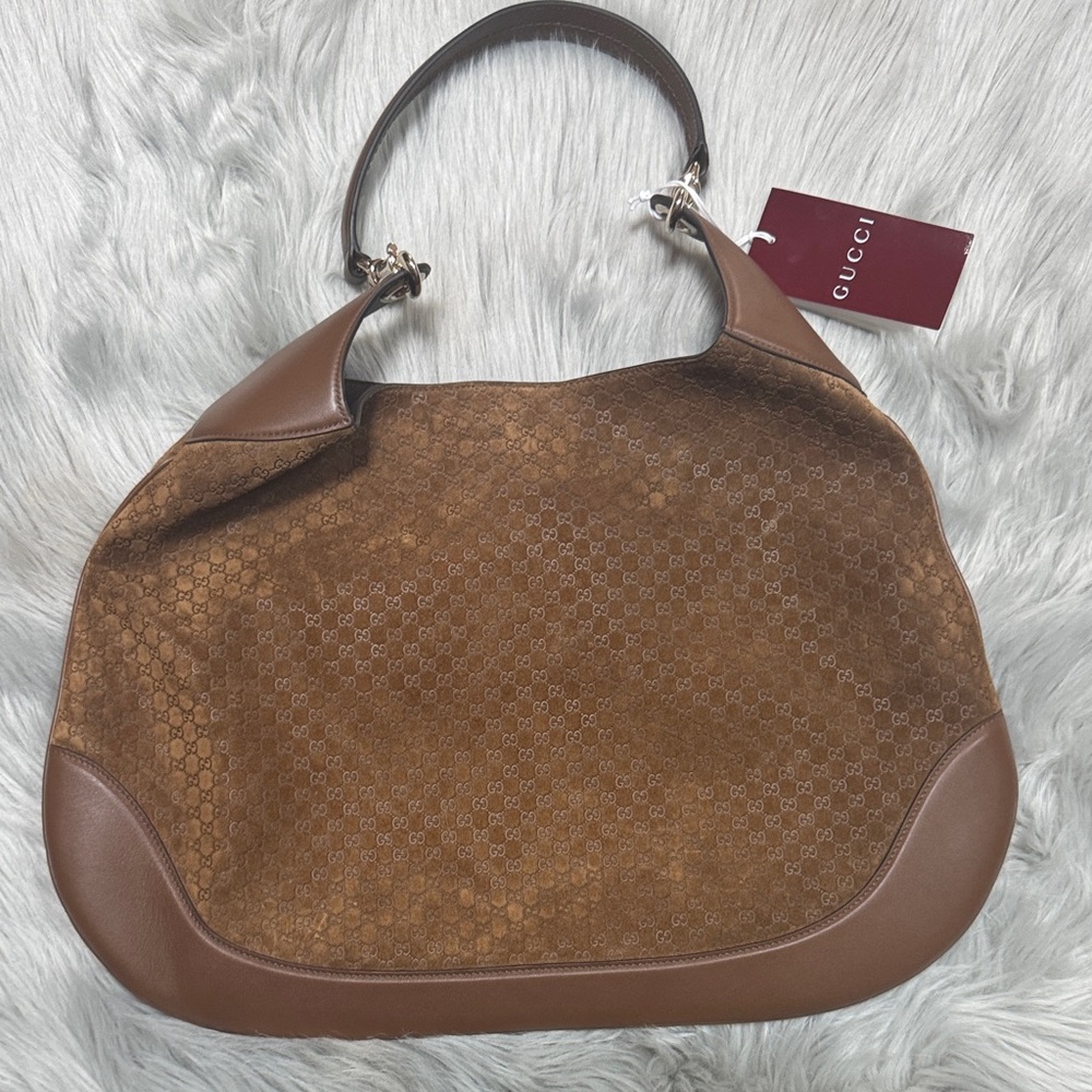 Gucci Large Brown Suede GG Hobo Shoulder Bag